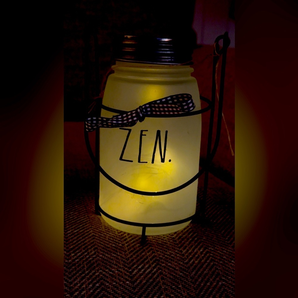 RAE DUNN MASON JAR IN CARRIER LIGHTED "ZEN" RARE Glow Frosted LANTERN LIGHT Lamp